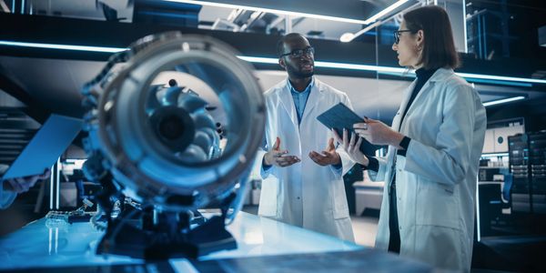 Scientists and engineers in laboratory with turbine